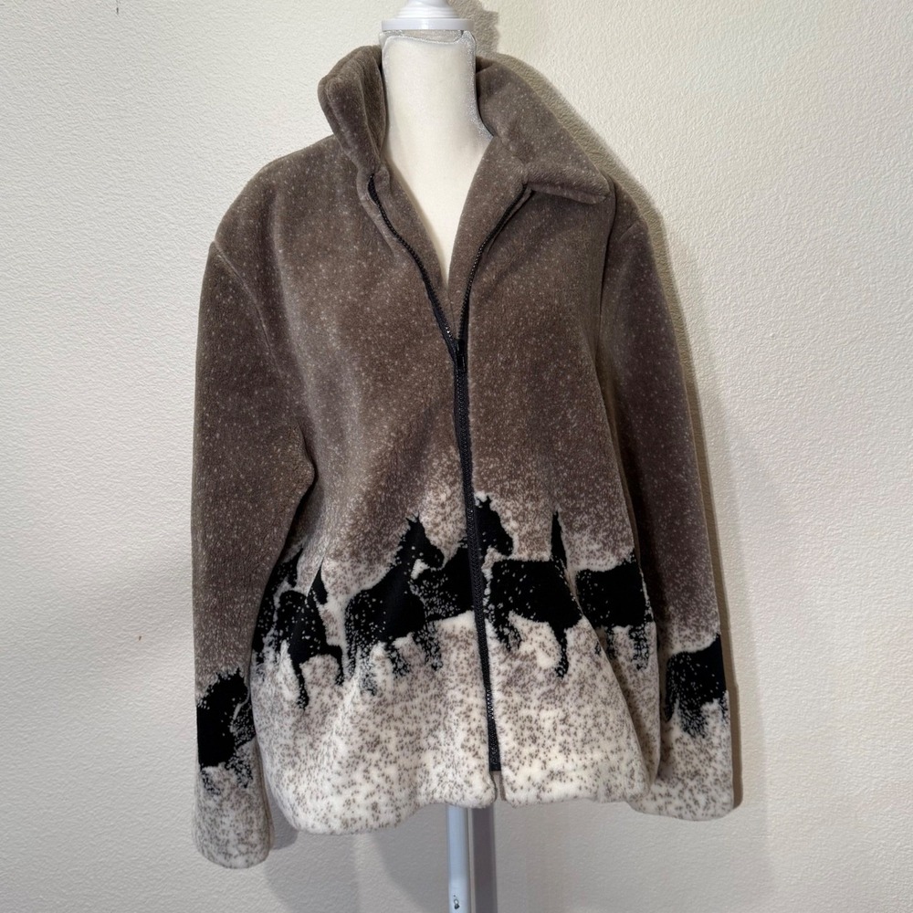Vintage Horse Equestrian Fleece Jacket Full Zip Brown Made in USA Large